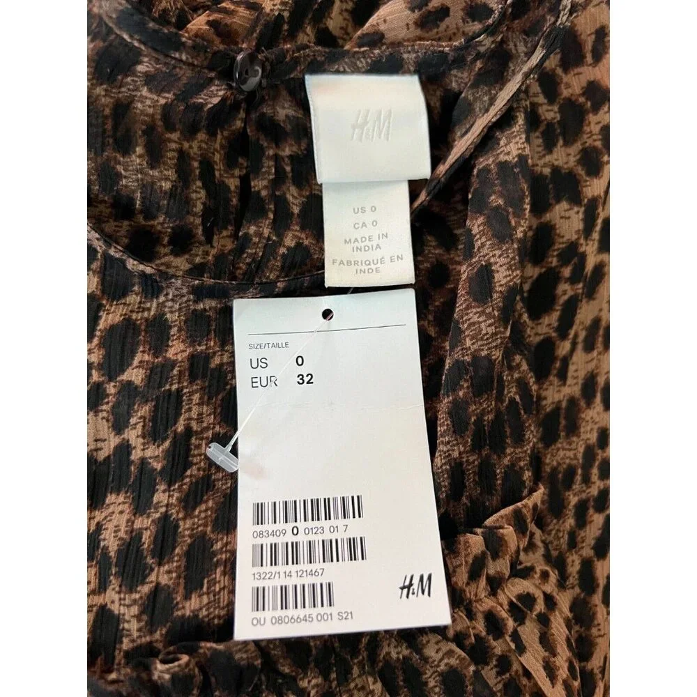 H&M Womens Brown Animal Print Long Sleeve Chiffon Dress Ruffled Size 0‎ NWT